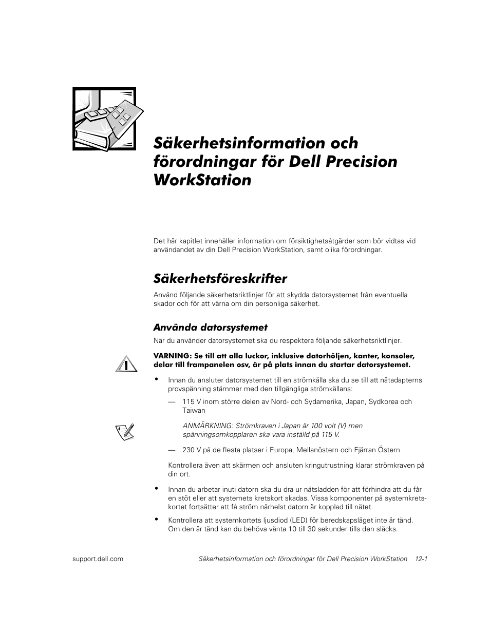 Säkerhetsföreskrifter | Dell Precision 620 User Manual | Page 95 / 112