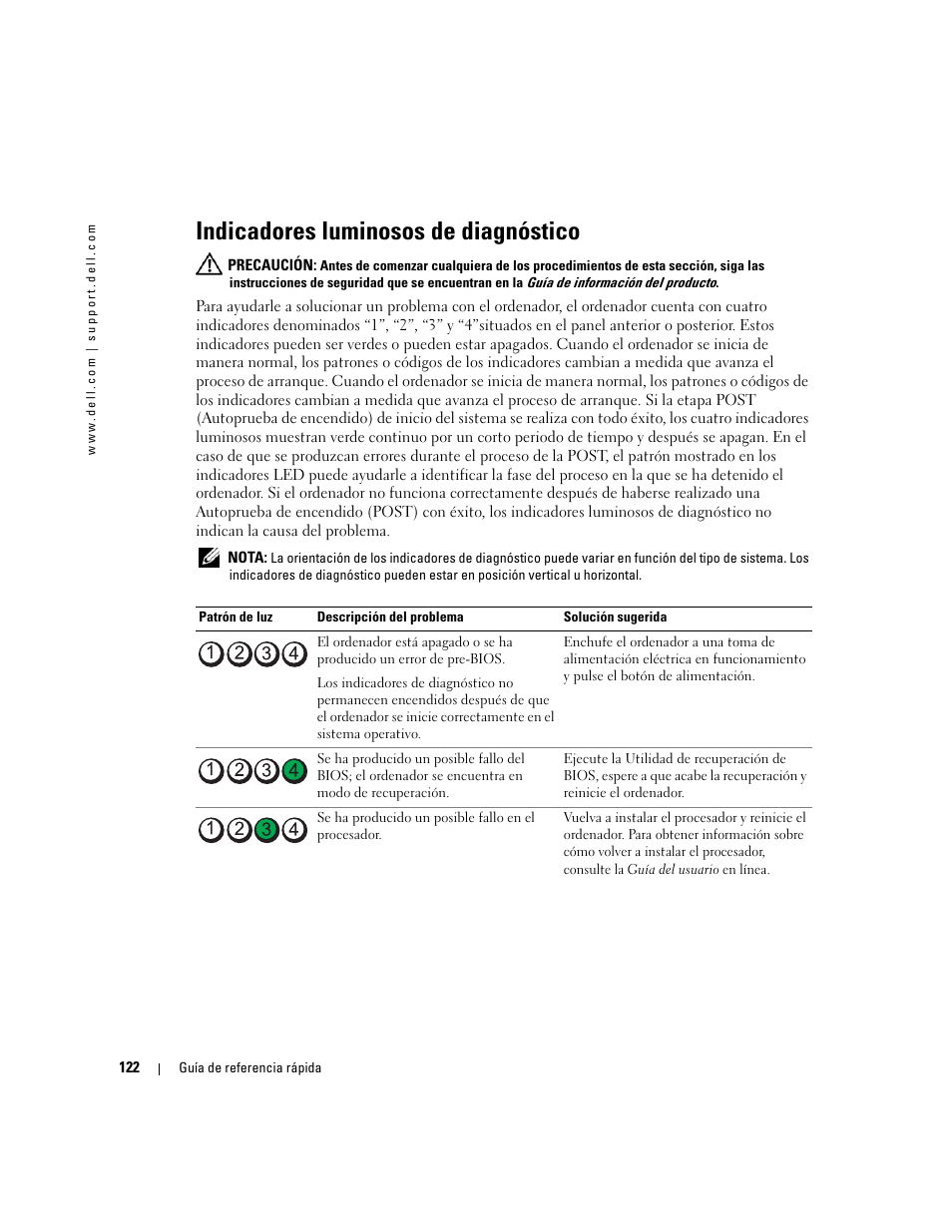 Indicadores luminosos de diagnóstico | Dell OptiPlex GX520 User Manual | Page 122 / 134