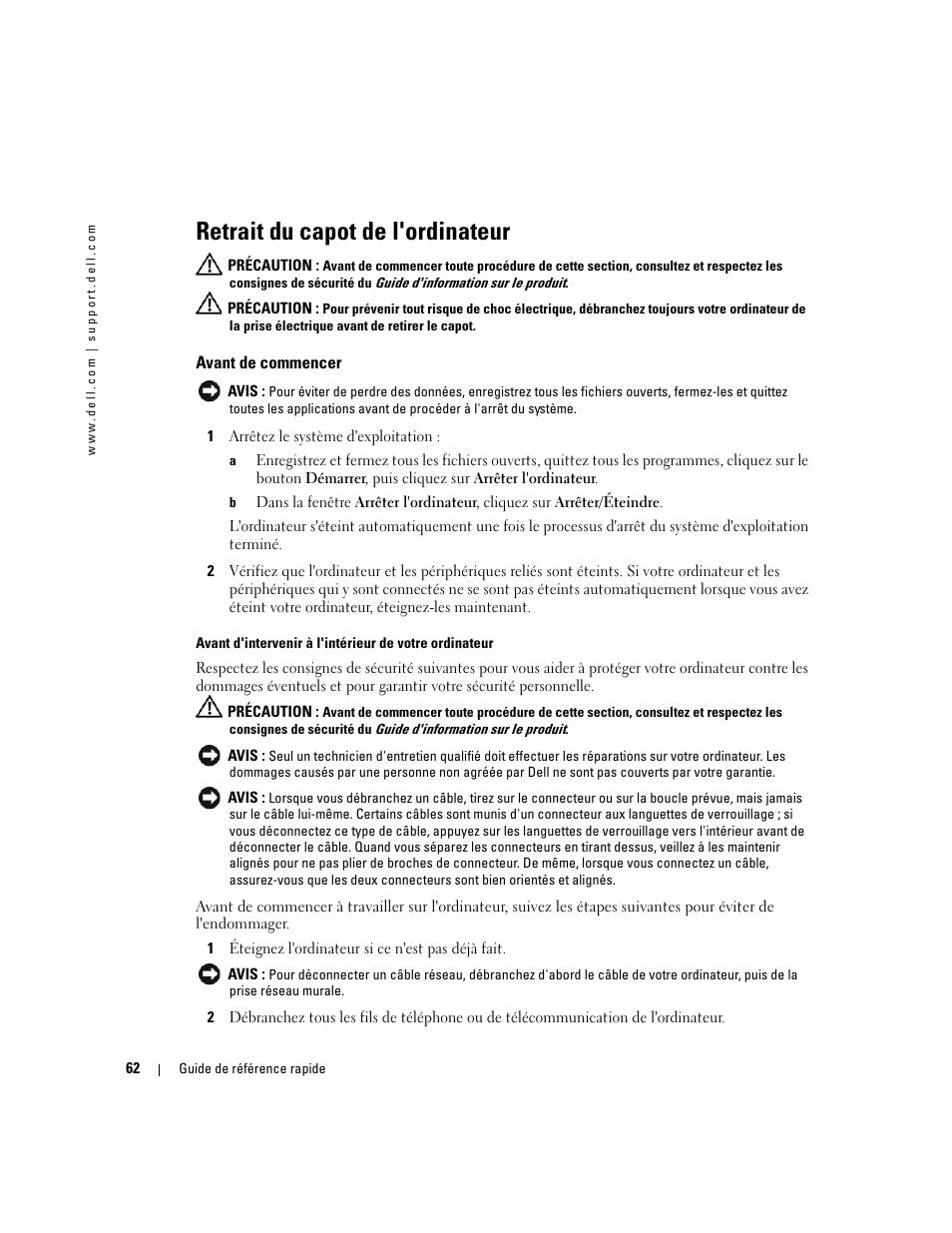 Retrait du capot de l'ordinateur, Avant de commencer | Dell OptiPlex GX520 User Manual | Page 62 / 134