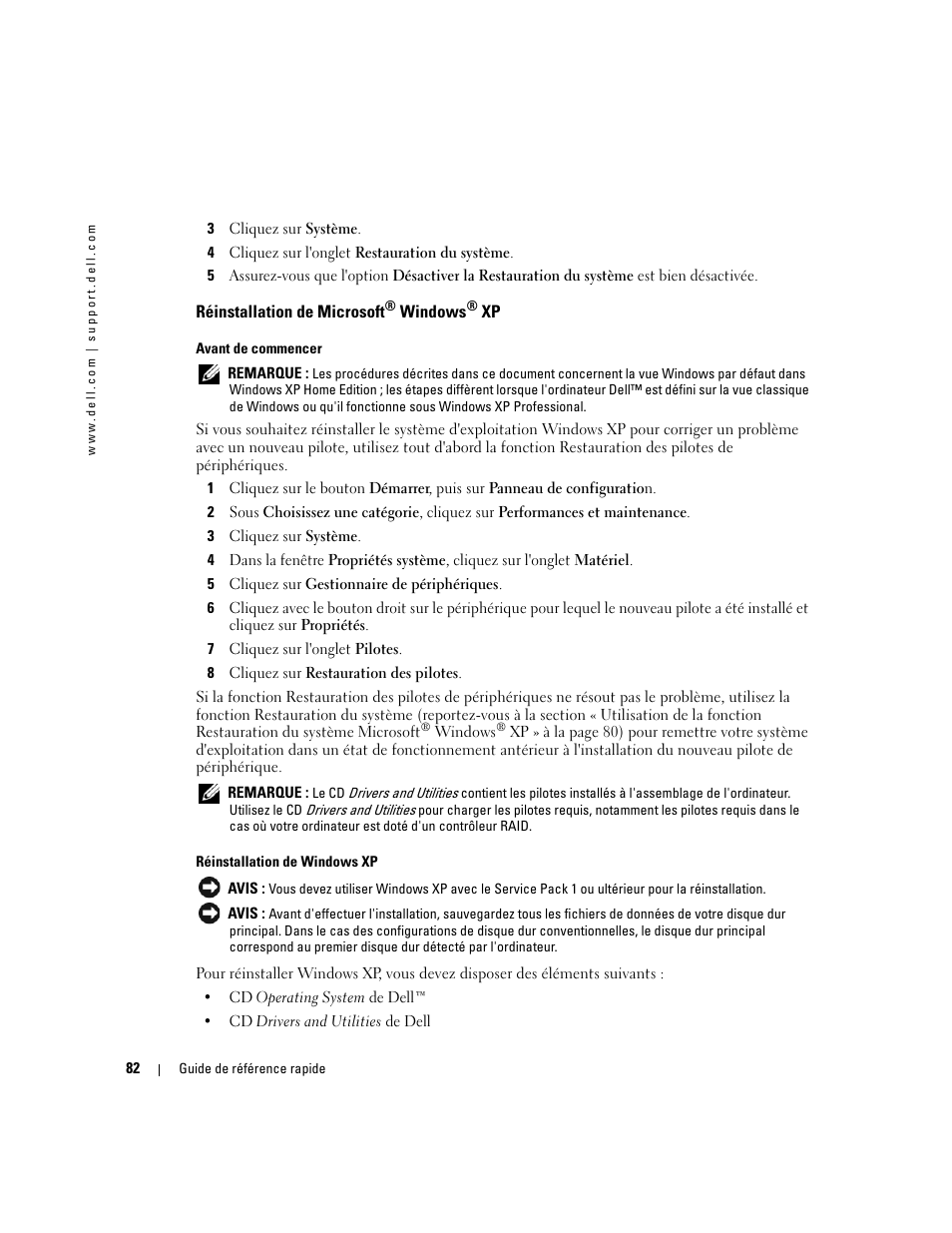 Réinstallation de microsoft® windows® xp, Réinstallation de microsoft | Dell OptiPlex GX520 User Manual | Page 82 / 134