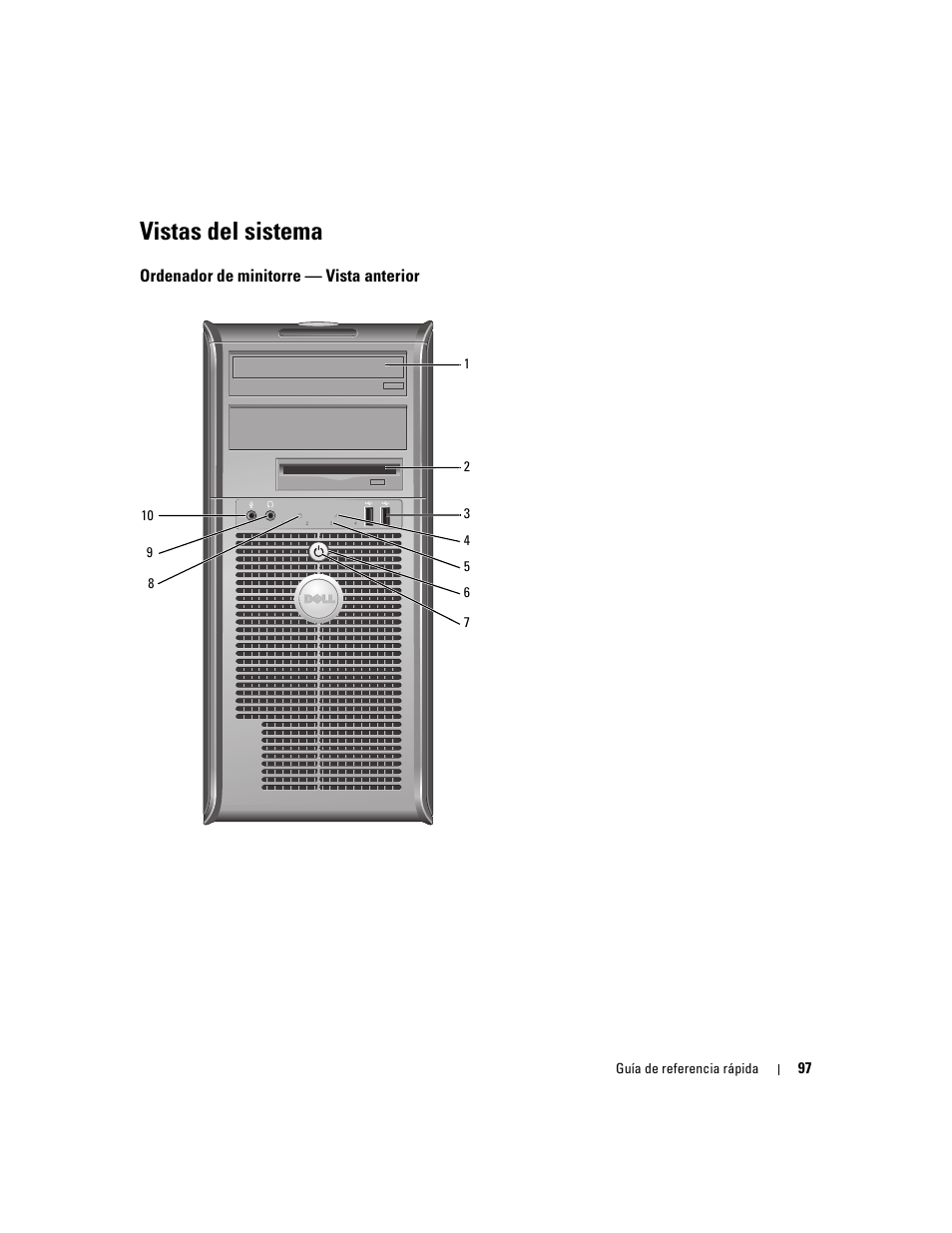 Vistas del sistema, Ordenador de minitorre - vista anterior, Ordenador de minitorre — vista anterior | Dell OptiPlex GX520 User Manual | Page 97 / 134
