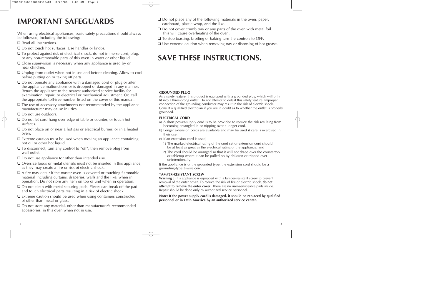 Important safeguards save these instructions | Black & Decker CTO6301 User Manual | Page 2 / 27