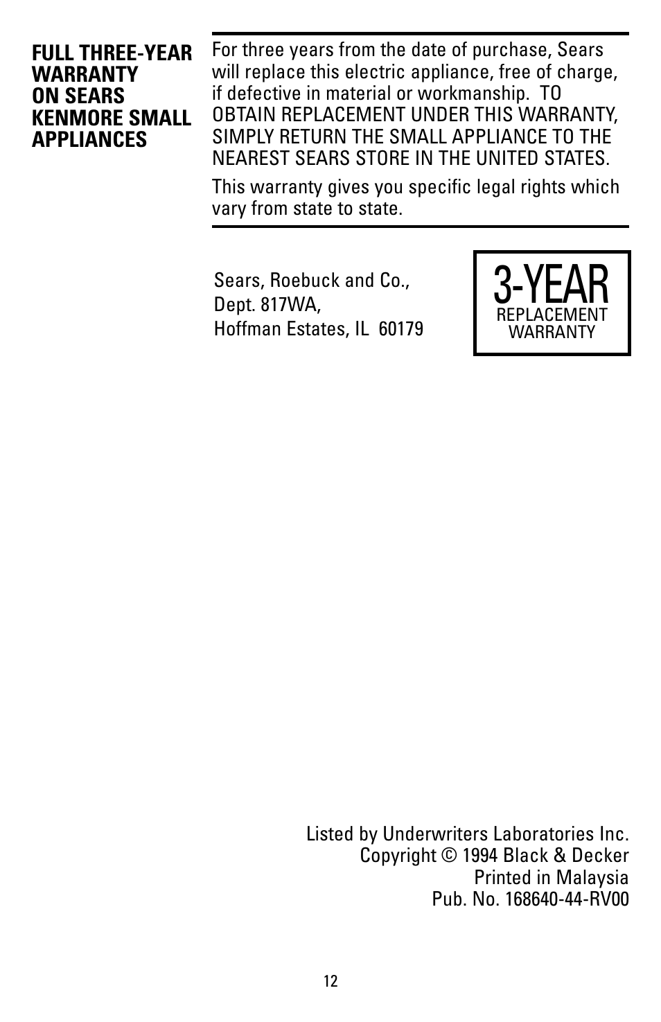 Warranty, Year | Black & Decker 62784 User Manual | Page 12 / 12