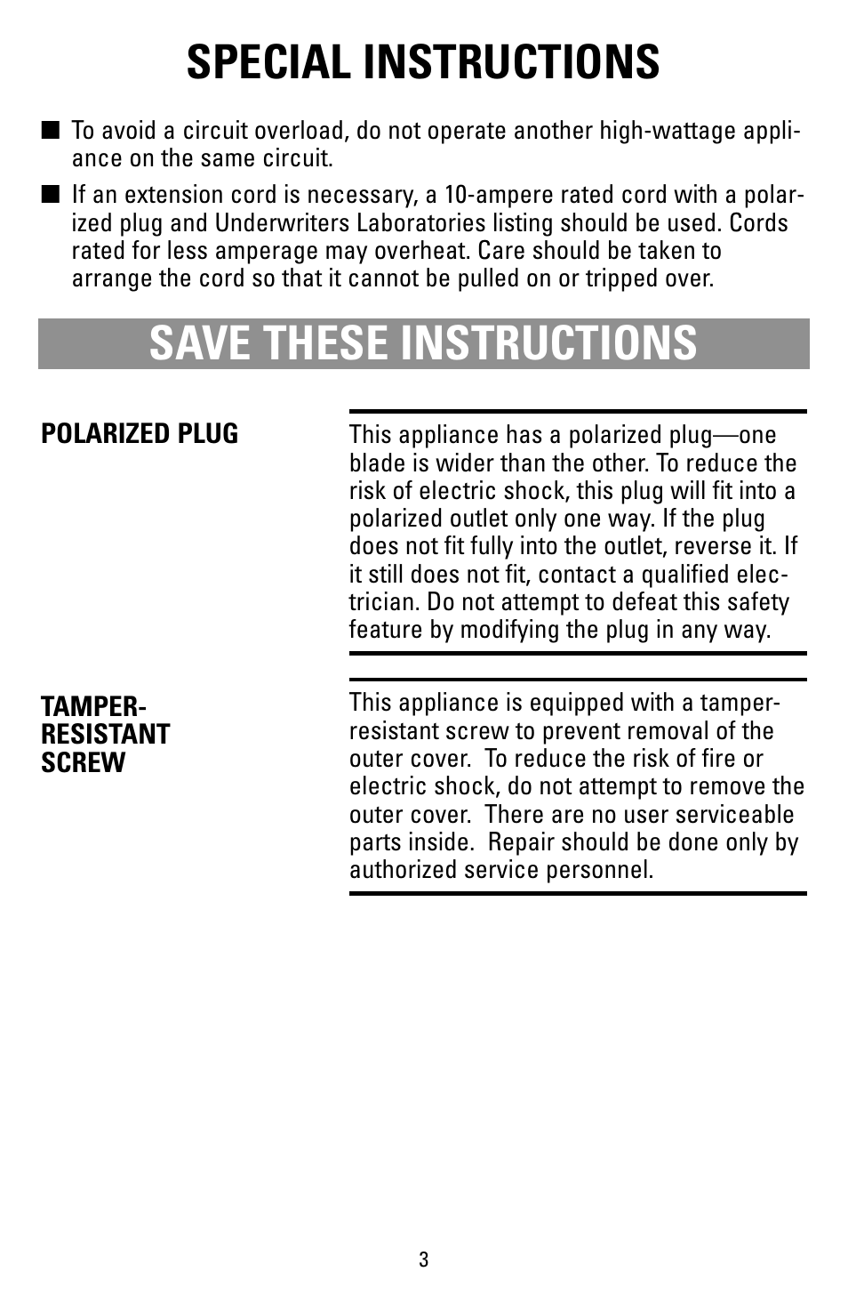 Special instructions, Save these instructions | Black & Decker 62784 User Manual | Page 3 / 12