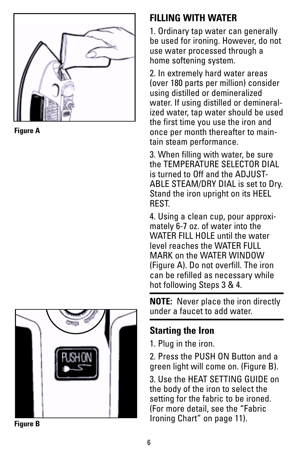 Filling with water, Starting the iron | Black & Decker 62784 User Manual | Page 6 / 12