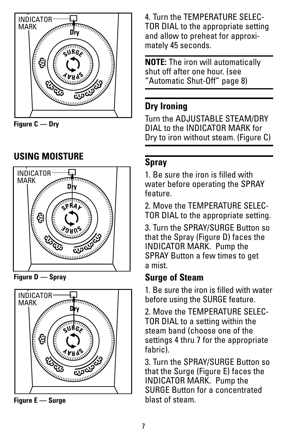 Dry ironing, Spray, Surge of steam | Using moisture | Black & Decker 62784 User Manual | Page 7 / 12