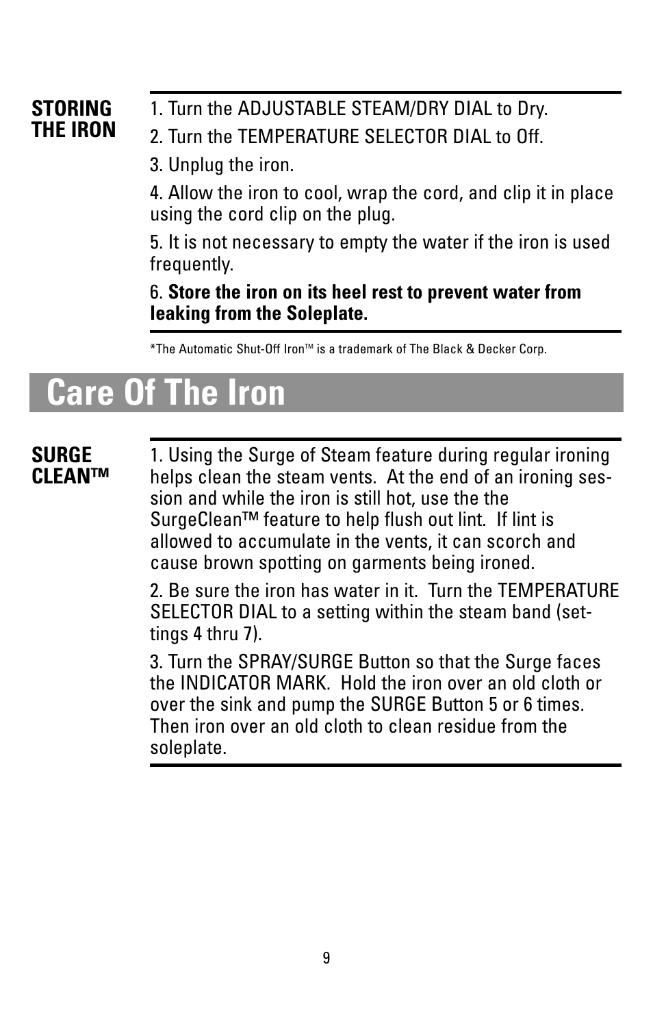 Care of the iron, Surge clean, Storing the iron | Black & Decker 62784 User Manual | Page 9 / 12