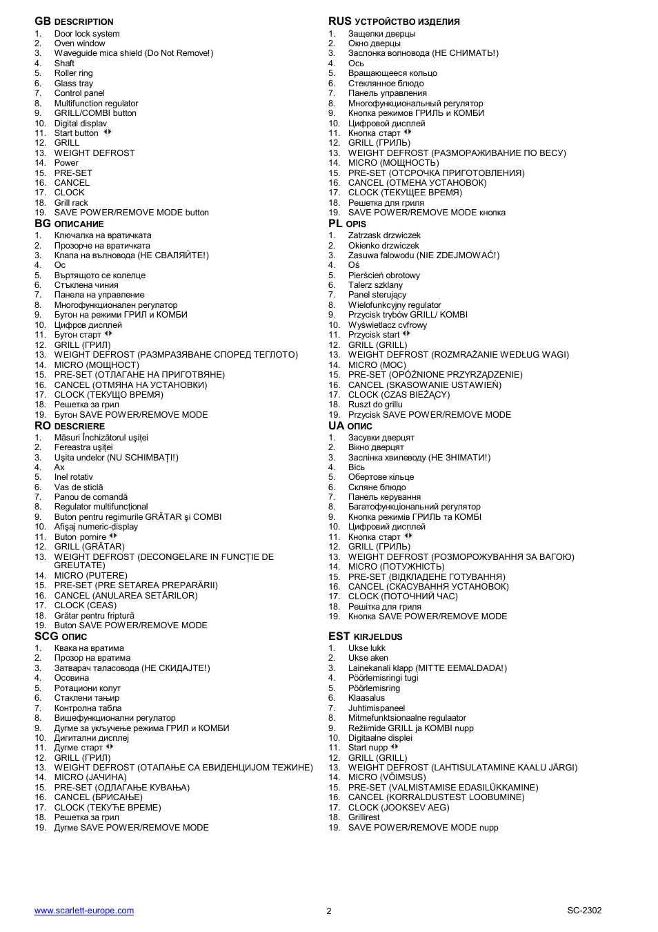 Bg pl, Scg est | Scarlett SC-2302 User Manual | Page 2 / 43