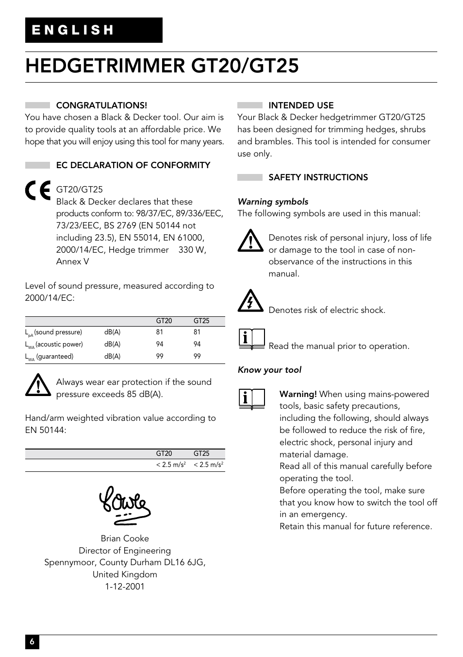 Hedgetrimmer gt20/gt25 | Black & Decker GT25 User Manual | Page 6 / 16