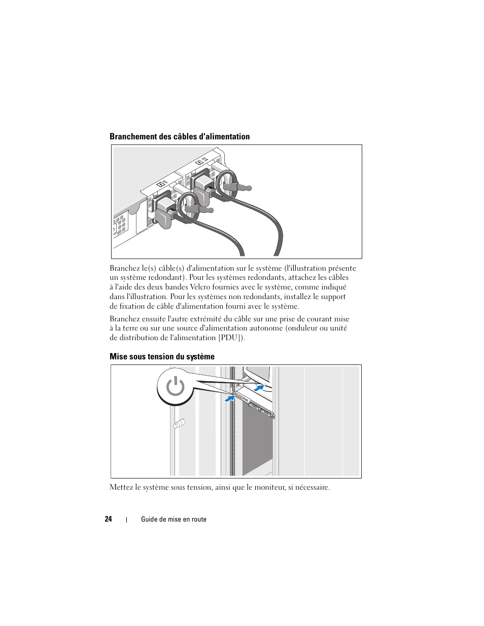 Branchement des câbles d'alimentation, Mise sous tension du système | Dell PowerEdge R300 User Manual | Page 26 / 62