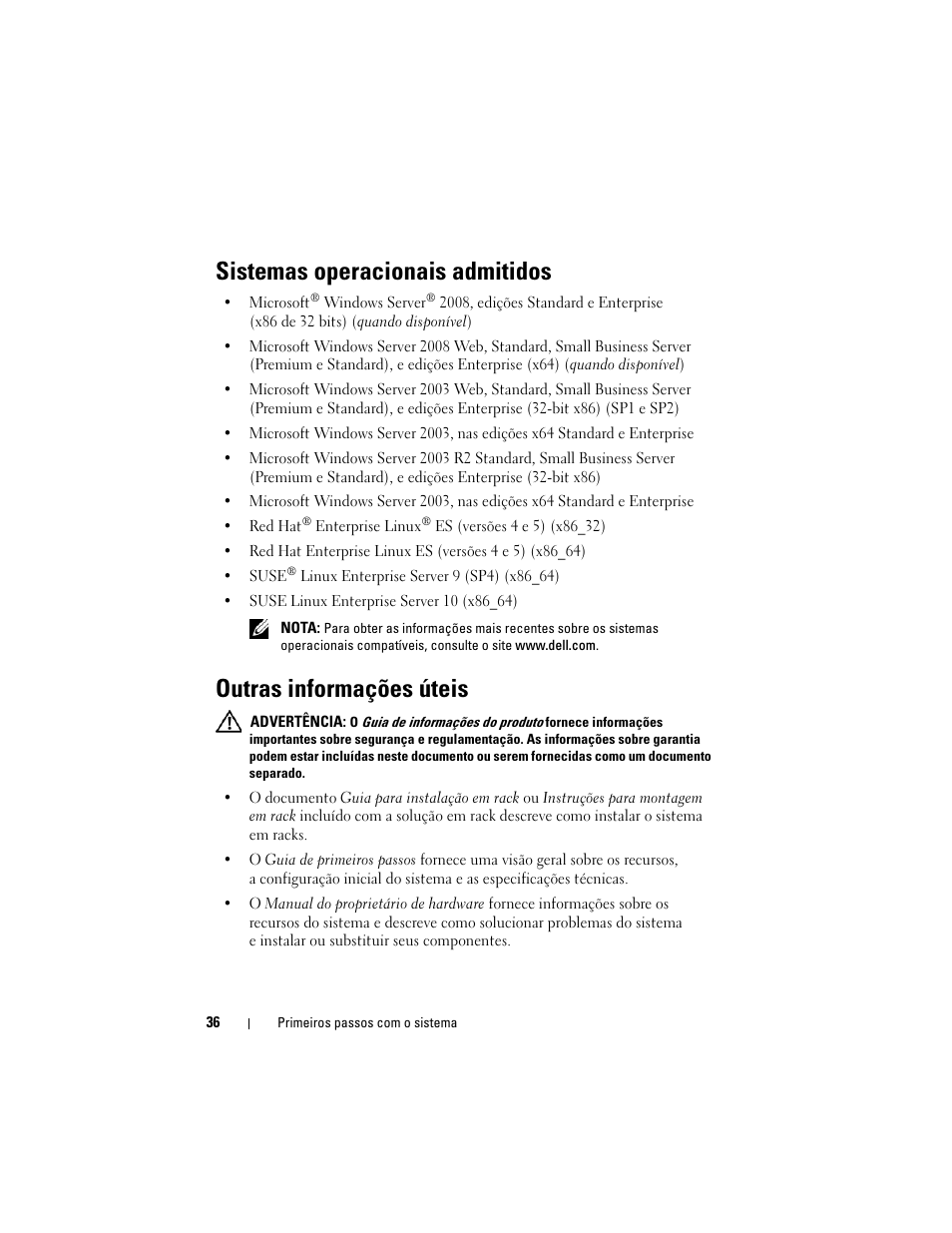 Sistemas operacionais admitidos, Outras informações úteis | Dell PowerEdge R300 User Manual | Page 38 / 62