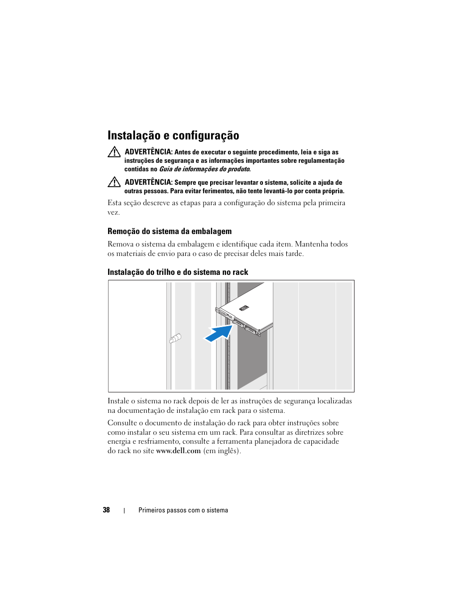 Instalação e configuração, Remoção do sistema da embalagem, Instalação do trilho e do sistema no rack | Dell PowerEdge R300 User Manual | Page 40 / 62