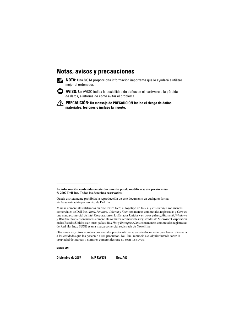 Notas, avisos y precauciones | Dell PowerEdge R300 User Manual | Page 50 / 62