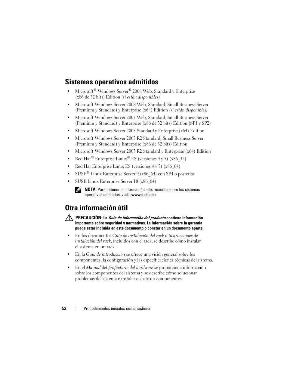 Sistemas operativos admitidos, Otra información útil | Dell PowerEdge R300 User Manual | Page 54 / 62