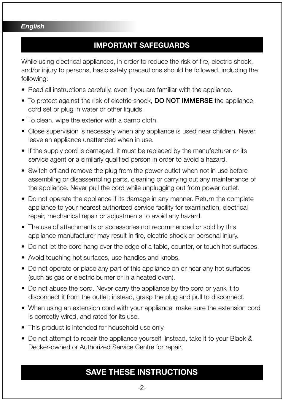 Save these instructions | Black & Decker JC200 User Manual | Page 2 / 9