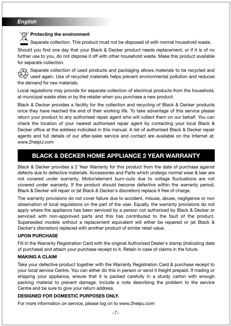 Black & decker home appliance 2 year warranty | Black & Decker JC200 User Manual | Page 7 / 9