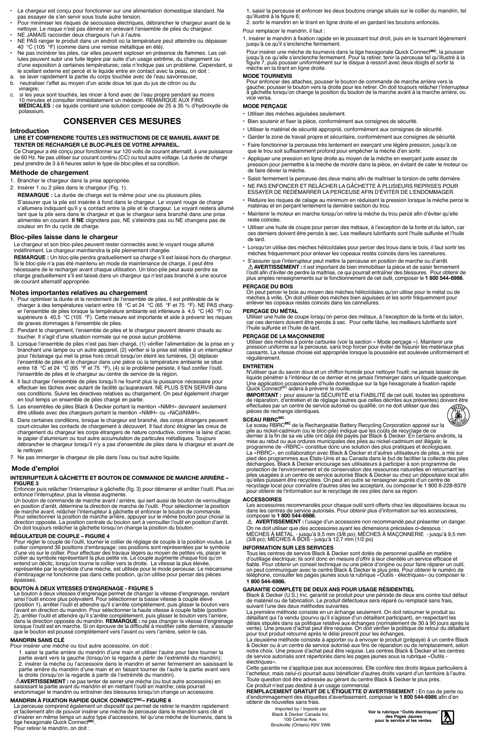 Conserver ces mesures | Black & Decker HPD1802 User Manual | Page 4 / 6