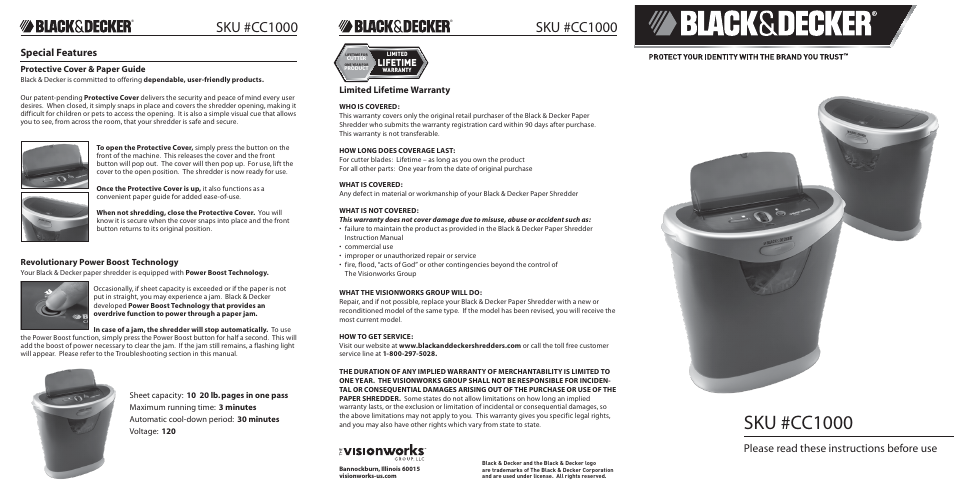 Black & Decker Paper Shredder CC1000 User Manual | 2 pages