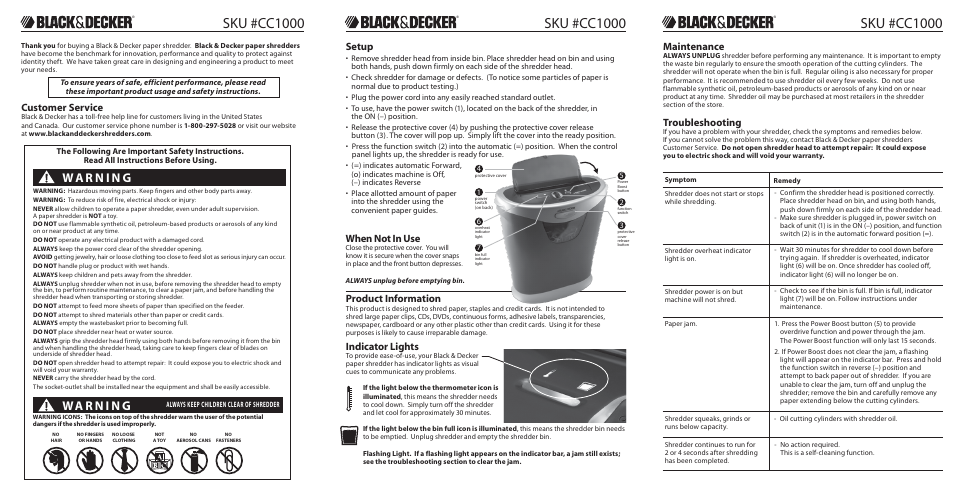 Sku #cc1000, Please read these instructions before use, Setup | When not in use, Maintenance, Troubleshooting, Indicator lights, Special features, Product information, Customer service | Black & Decker Paper Shredder CC1000 User Manual | Page 2 / 2