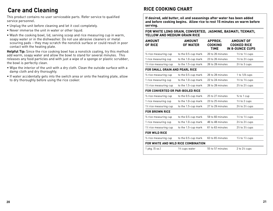 Care and cleaning, Rice cooking chart | Black & Decker RC3203 User Manual | Page 11 / 13