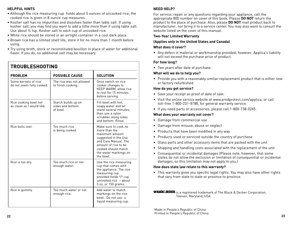 Troubleshooting | Black & Decker RC3203 User Manual | Page 12 / 13