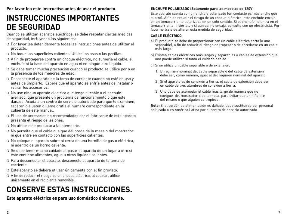 Instrucciones importantes de seguridad, Conserve estas instrucciones | Black & Decker RC3203 User Manual | Page 2 / 13