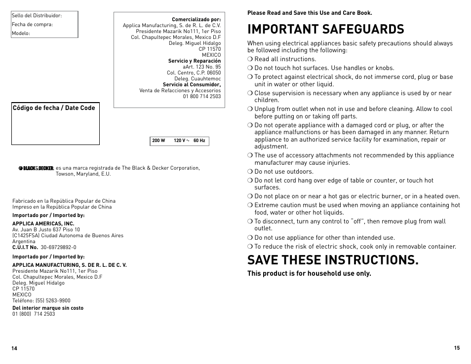 Important safeguards, Save these instructions | Black & Decker RC3203 User Manual | Page 8 / 13