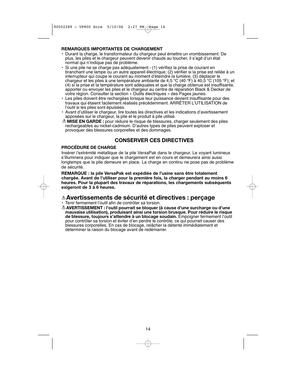 Avertissements de sécurité et directives : perçage | Black & Decker VP800 User Manual | Page 14 / 28