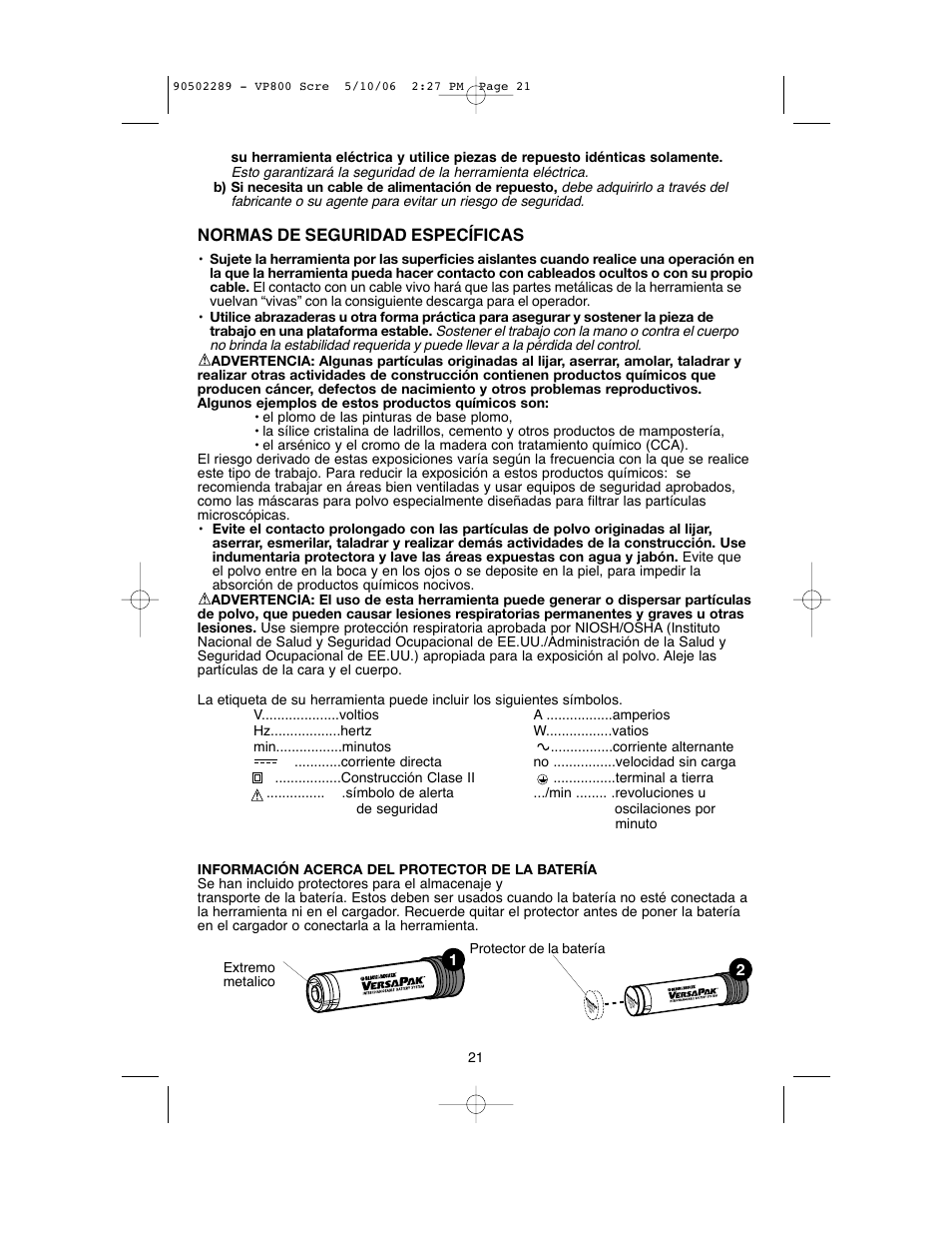 Normas de seguridad específicas | Black & Decker VP800 User Manual | Page 21 / 28