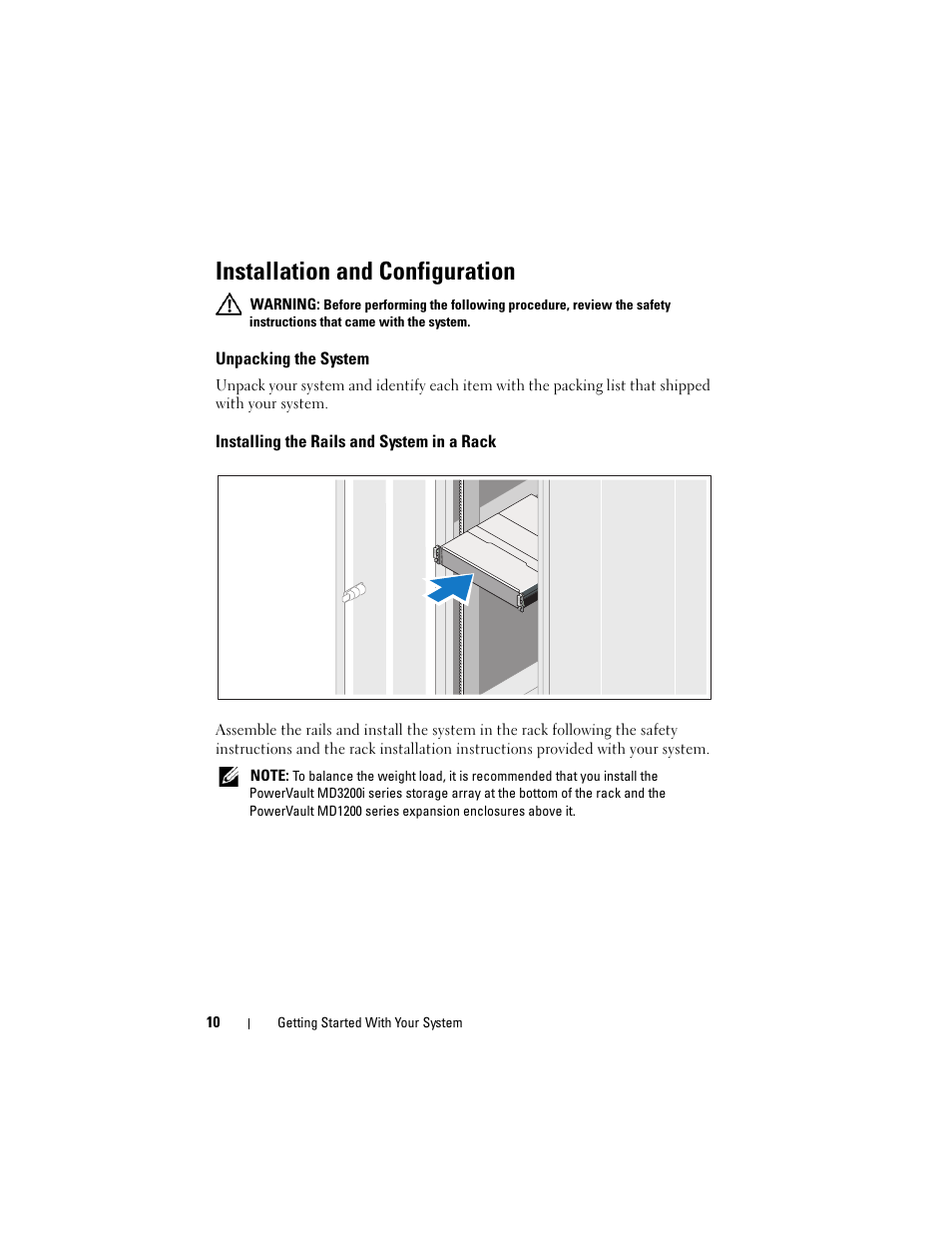 Installation and configuration, Unpacking the system, Installing the rails and system in a rack | Dell PowerVault MD3200i User Manual | Page 12 / 222
