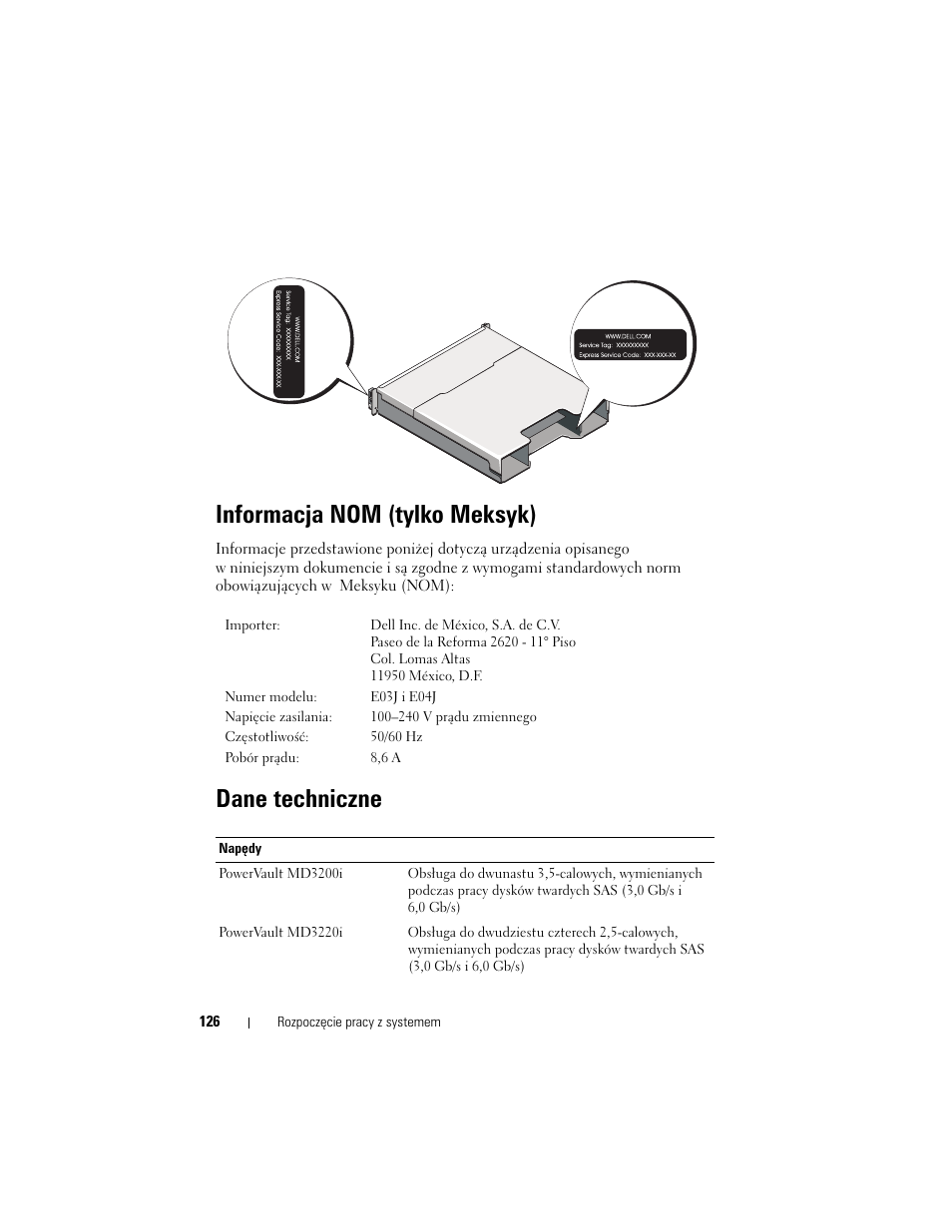Informacja nom (tylko meksyk), Dane techniczne | Dell PowerVault MD3200i User Manual | Page 128 / 222