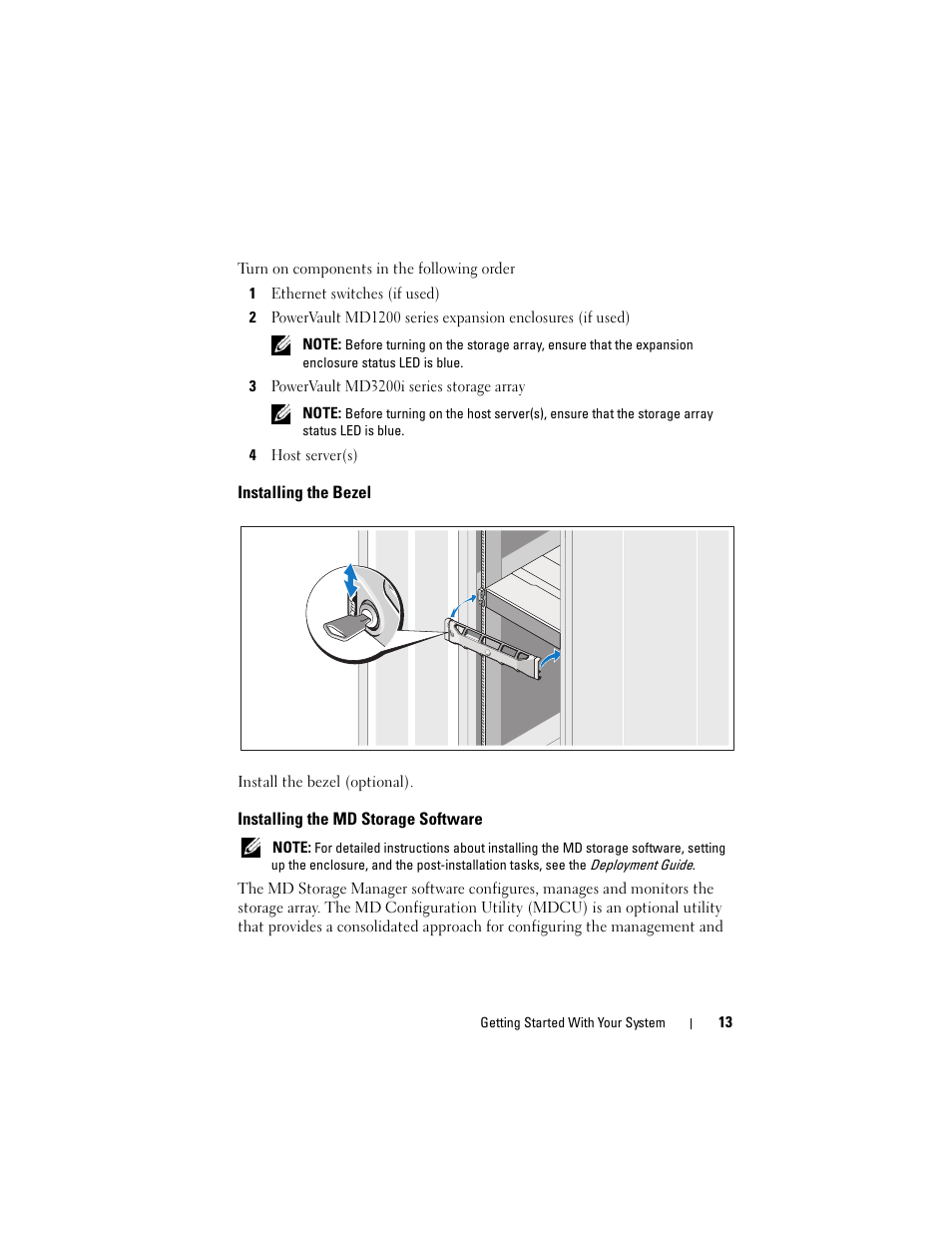 Installing the bezel, Installing the md storage software | Dell PowerVault MD3200i User Manual | Page 15 / 222