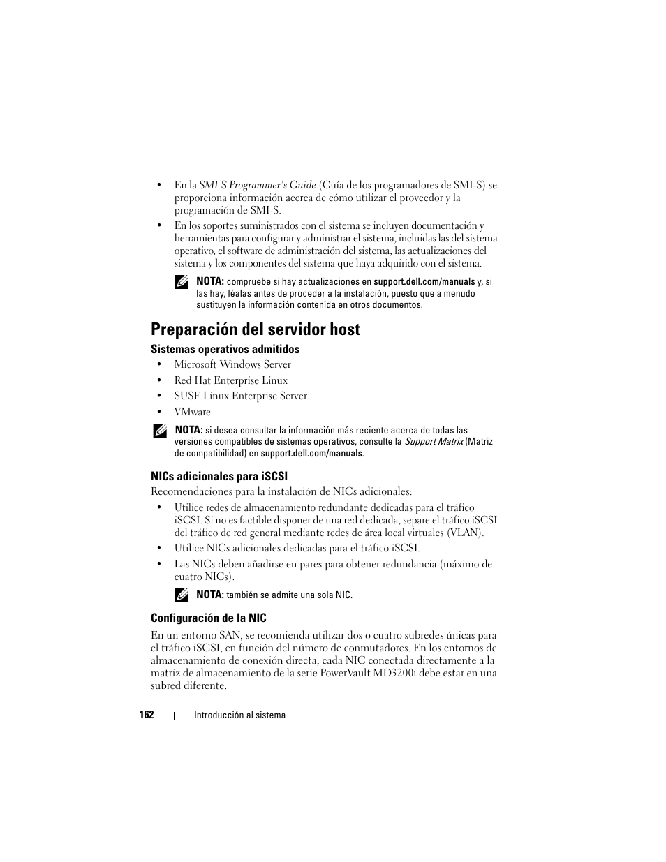 Preparación del servidor host, Sistemas operativos admitidos, Nics adicionales para iscsi | Configuración de la nic | Dell PowerVault MD3200i User Manual | Page 164 / 222