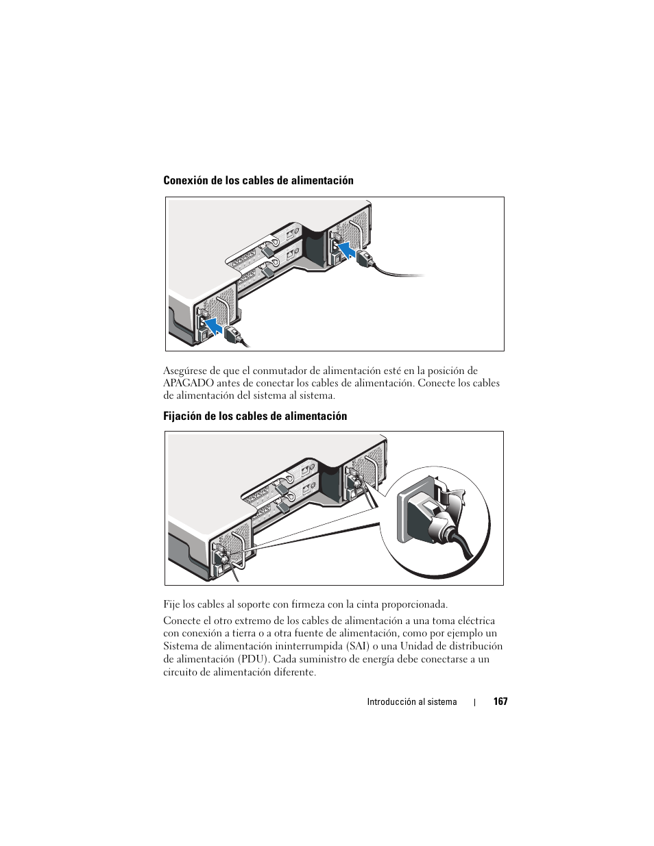Conexión de los cables de alimentación, Fijación de los cables de alimentación | Dell PowerVault MD3200i User Manual | Page 169 / 222