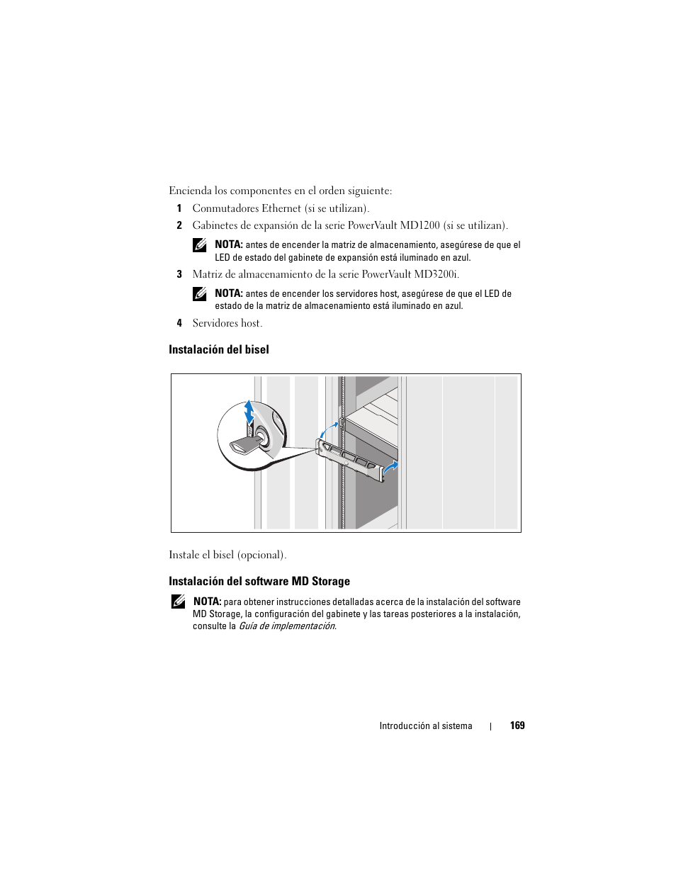 Instalación del bisel, Instalación del software md storage | Dell PowerVault MD3200i User Manual | Page 171 / 222