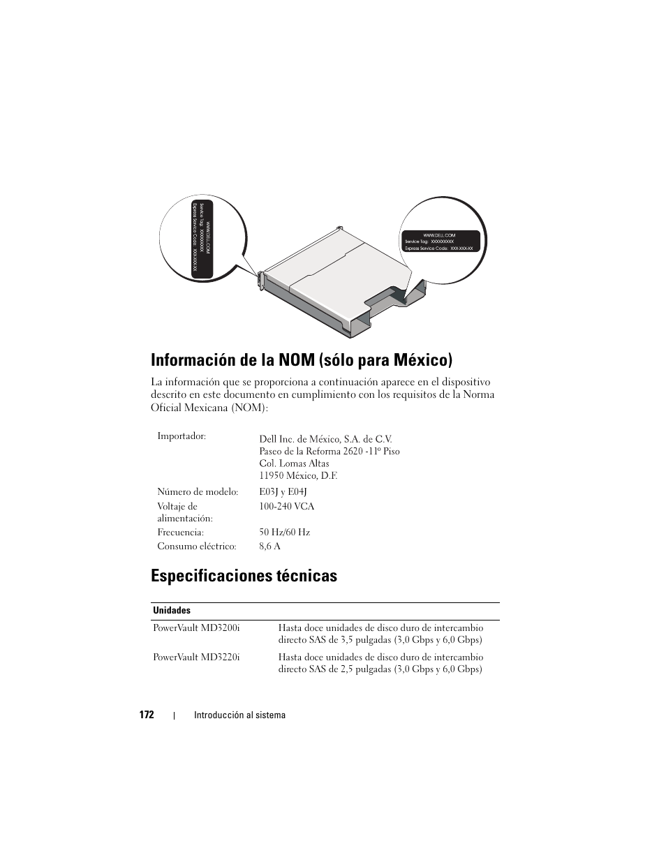 Información de la nom (sólo para méxico), Especificaciones técnicas | Dell PowerVault MD3200i User Manual | Page 174 / 222