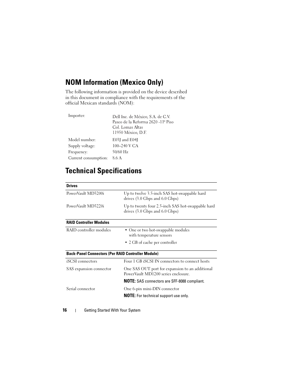 Nom information (mexico only), Technical specifications | Dell PowerVault MD3200i User Manual | Page 18 / 222