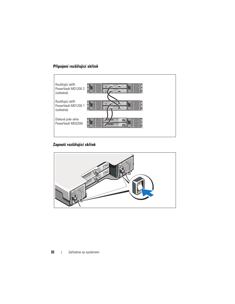 Připojení rozšiřující skříně, Zapnutí rozšiřující skříně | Dell PowerVault MD3200i User Manual | Page 34 / 222