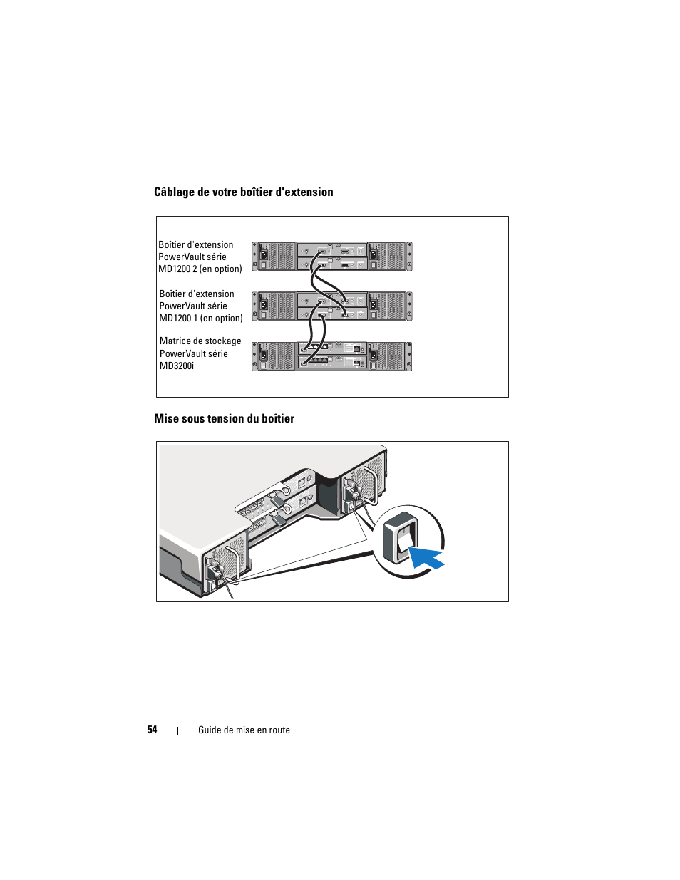 Câblage de votre boîtier d'extension, Mise sous tension du boîtier | Dell PowerVault MD3200i User Manual | Page 56 / 222