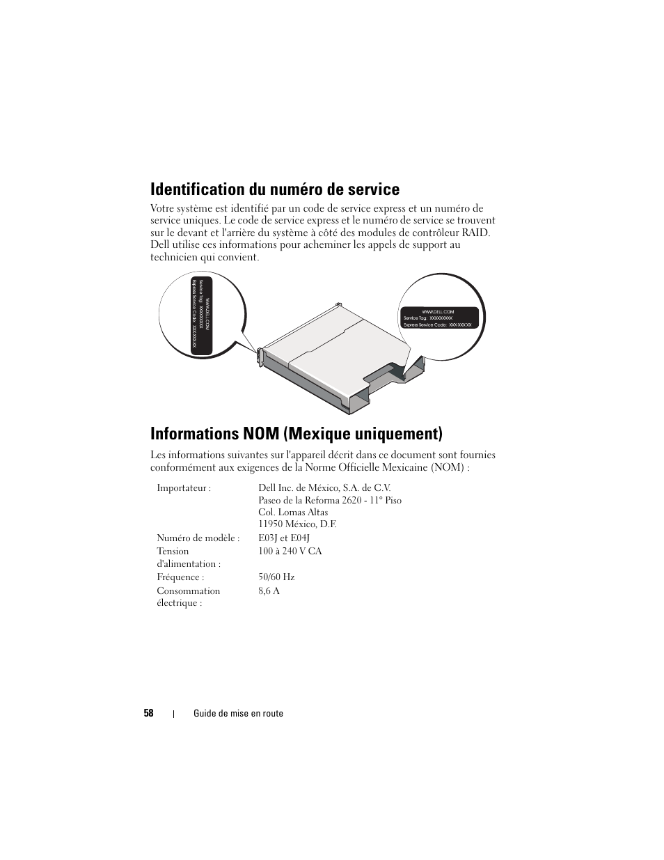 Identification du numéro de service, Informations nom (mexique uniquement) | Dell PowerVault MD3200i User Manual | Page 60 / 222