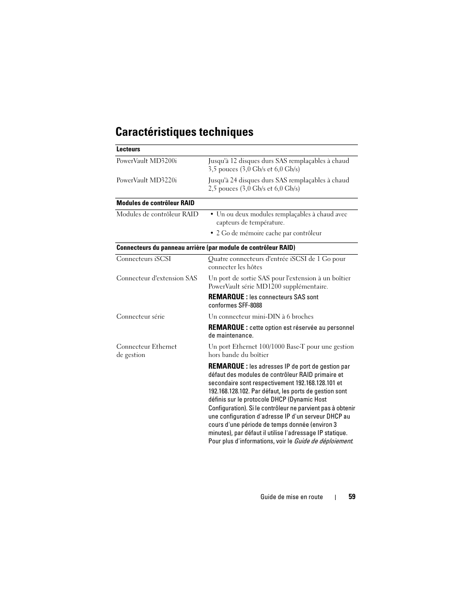 Caractéristiques techniques | Dell PowerVault MD3200i User Manual | Page 61 / 222