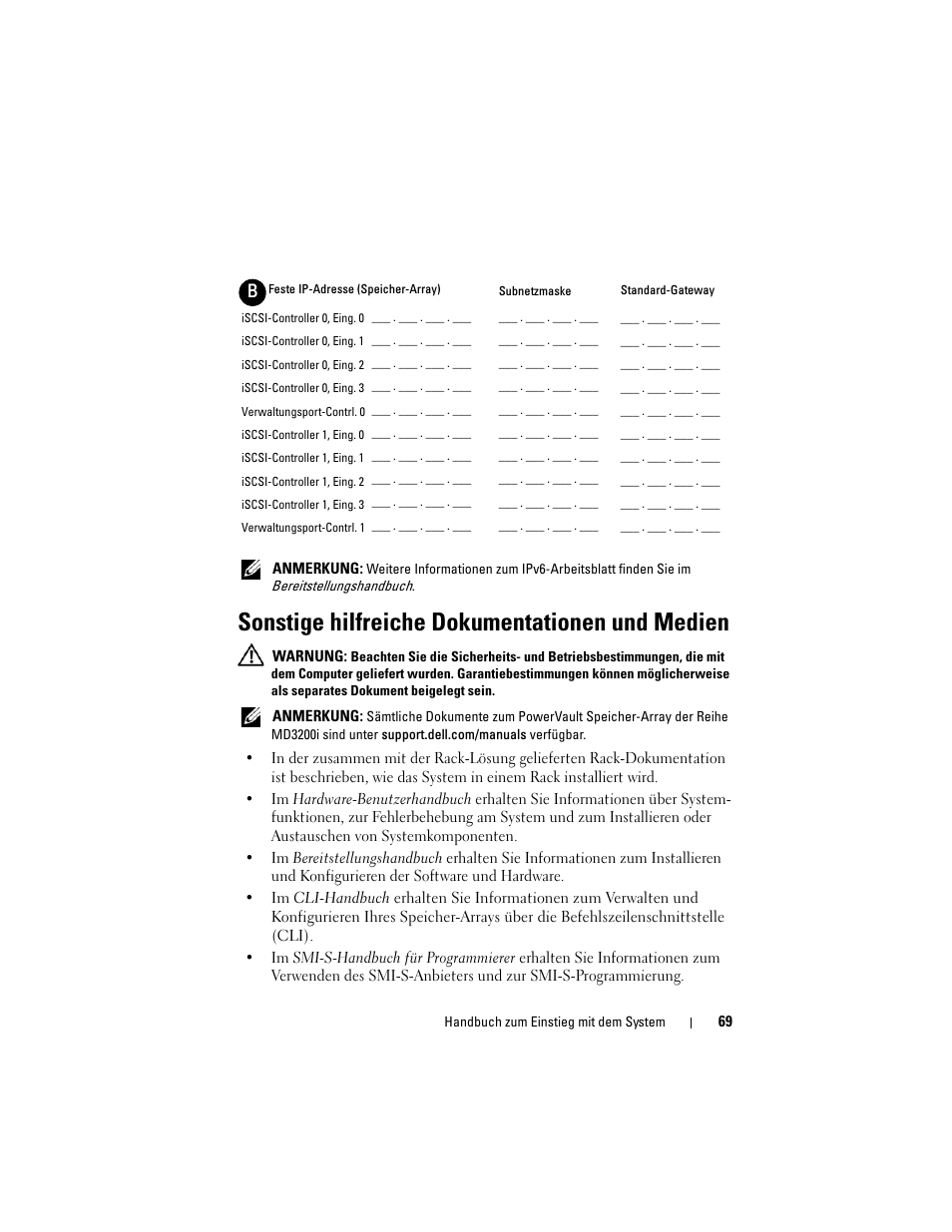 Sonstige hilfreiche dokumentationen und medien | Dell PowerVault MD3200i User Manual | Page 71 / 222