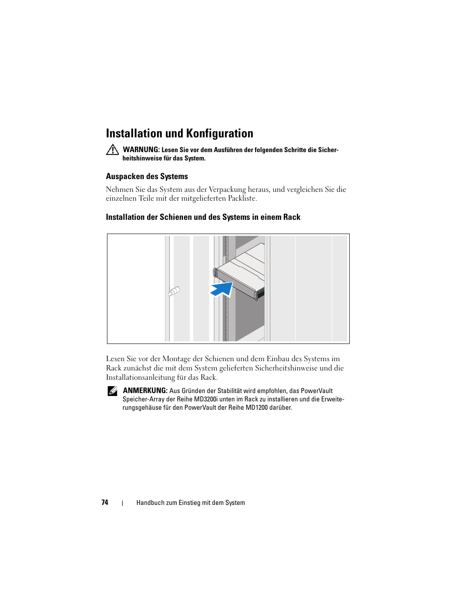 Installation und konfiguration, Auspacken des systems | Dell PowerVault MD3200i User Manual | Page 76 / 222