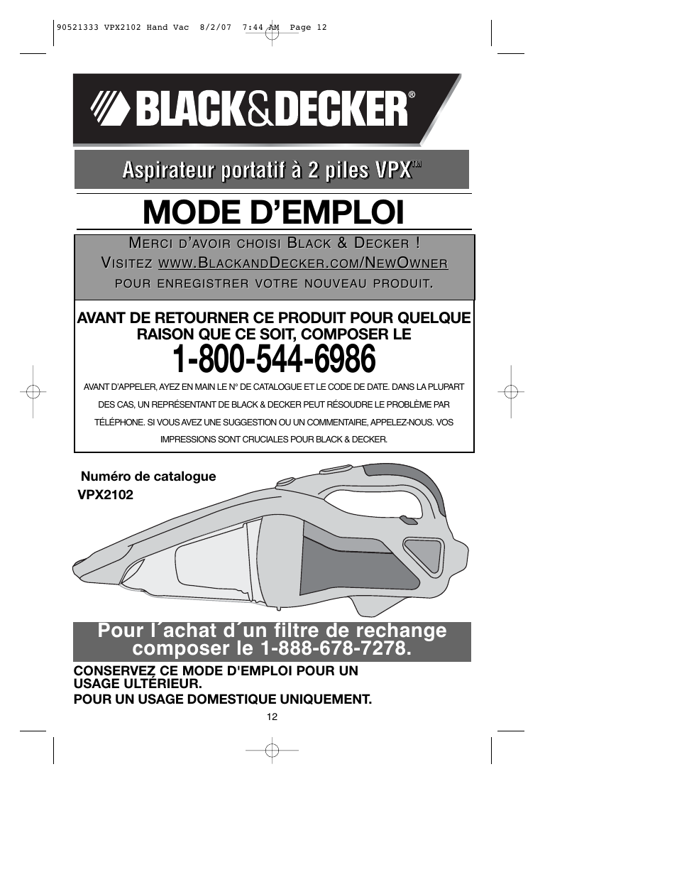 Mode d’emploi | Black & Decker VPX2102 User Manual | Page 12 / 32