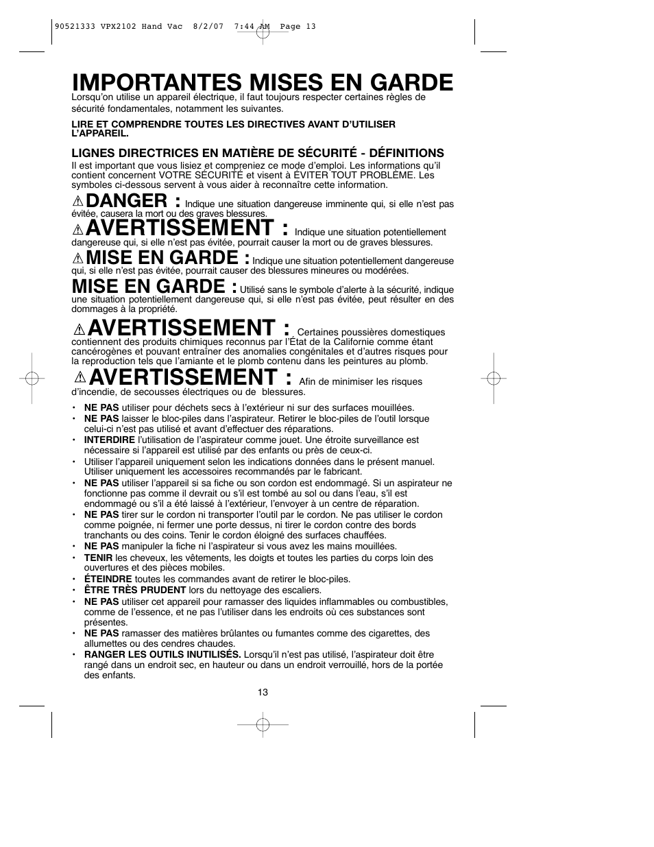 Importantes mises en garde, Avertissement, Danger | Mise en garde | Black & Decker VPX2102 User Manual | Page 13 / 32