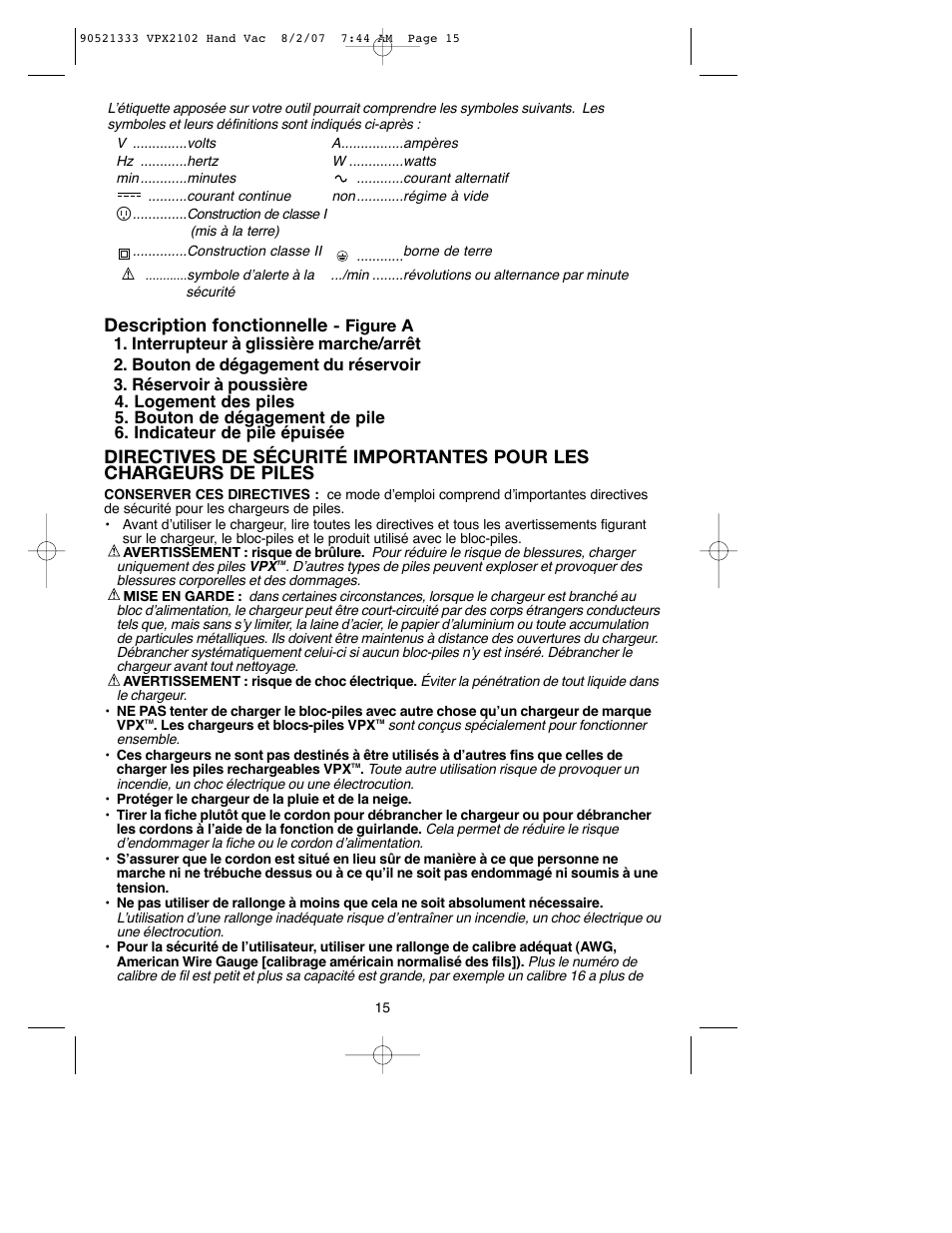 Description fonctionnelle | Black & Decker VPX2102 User Manual | Page 15 / 32