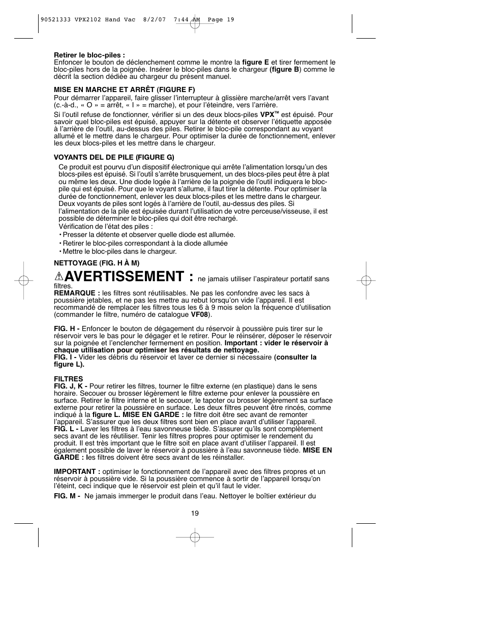 Avertissement | Black & Decker VPX2102 User Manual | Page 19 / 32