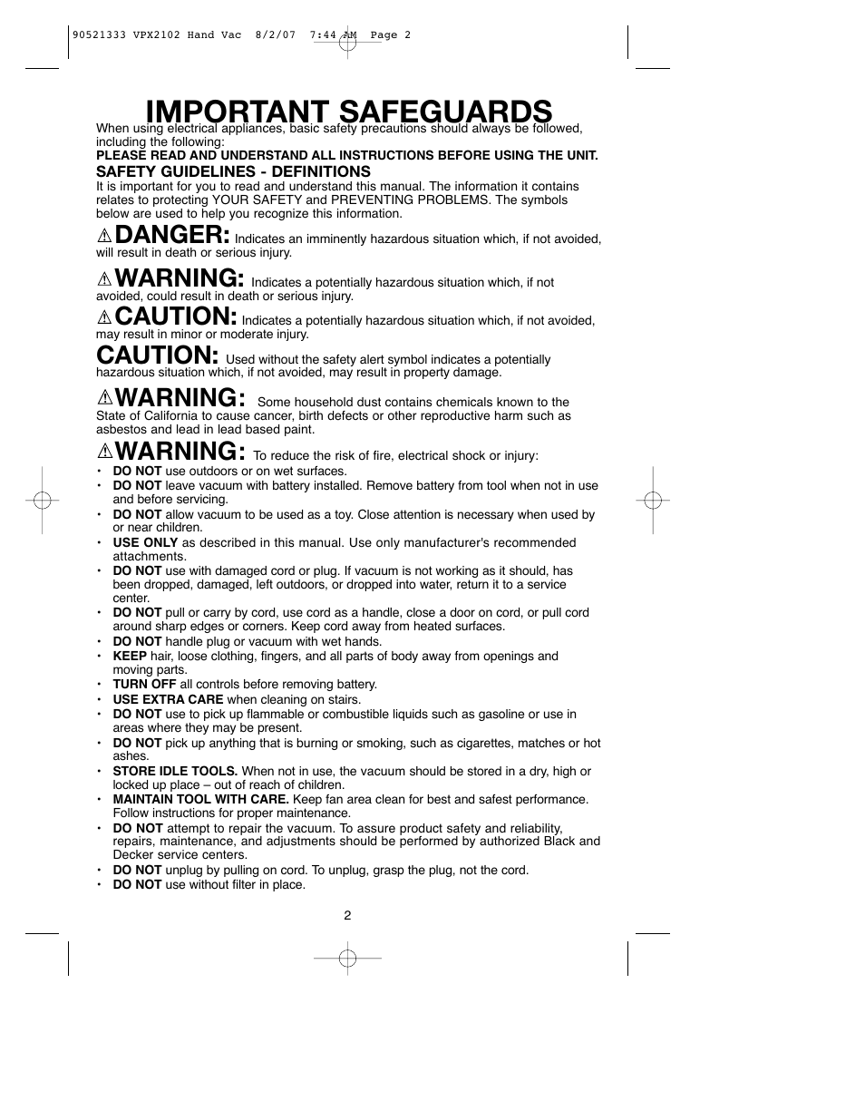 Important safeguards, Danger, Warning | Caution | Black & Decker VPX2102 User Manual | Page 2 / 32