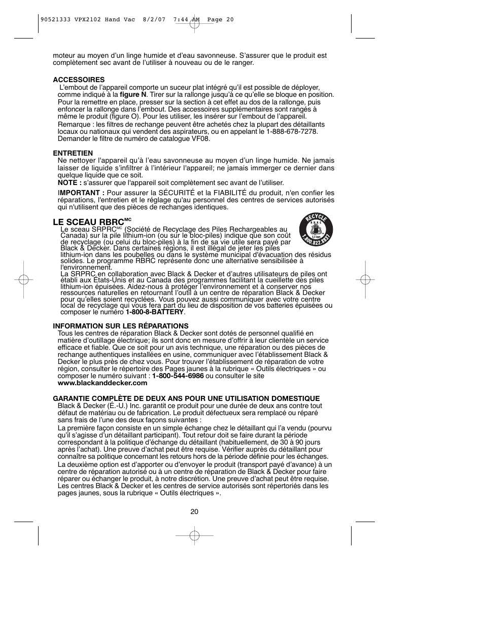 Black & Decker VPX2102 User Manual | Page 20 / 32