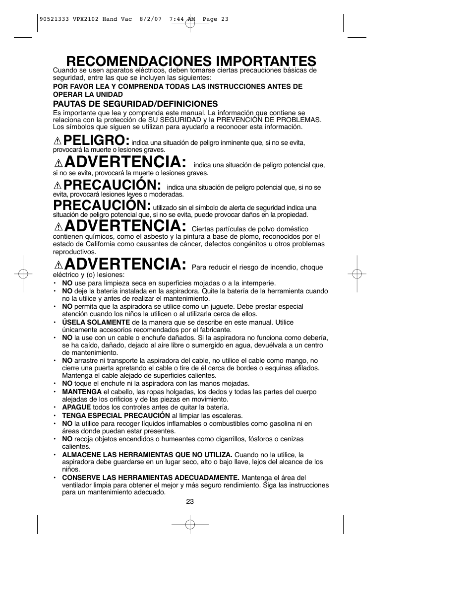 Advertencia, Recomendaciones importantes, Peligro | Precaución | Black & Decker VPX2102 User Manual | Page 23 / 32